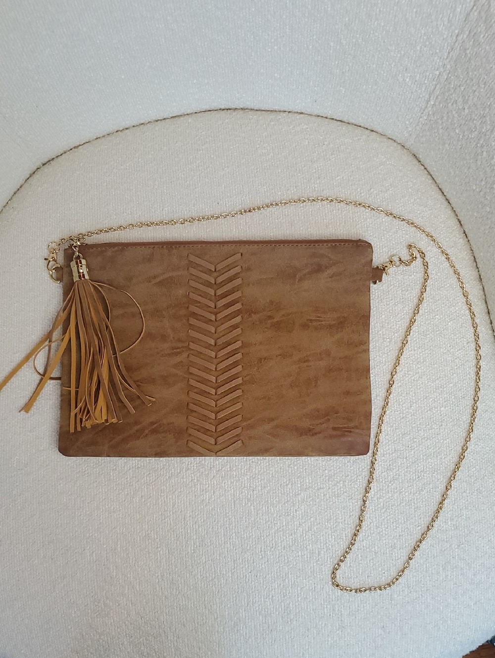 Women's Crossbody Clutch Tan Faux Leather with Tassel Gold Chain